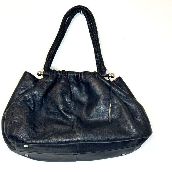 Elliott Lucca Pebbled Leather Braided Strap Shoulder Bag Black Size 15"x 9" - Picture 1 of 6